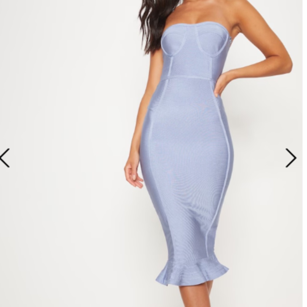 Prettylittlething dusty blue bandage frill hem dress sz US 6 NWT